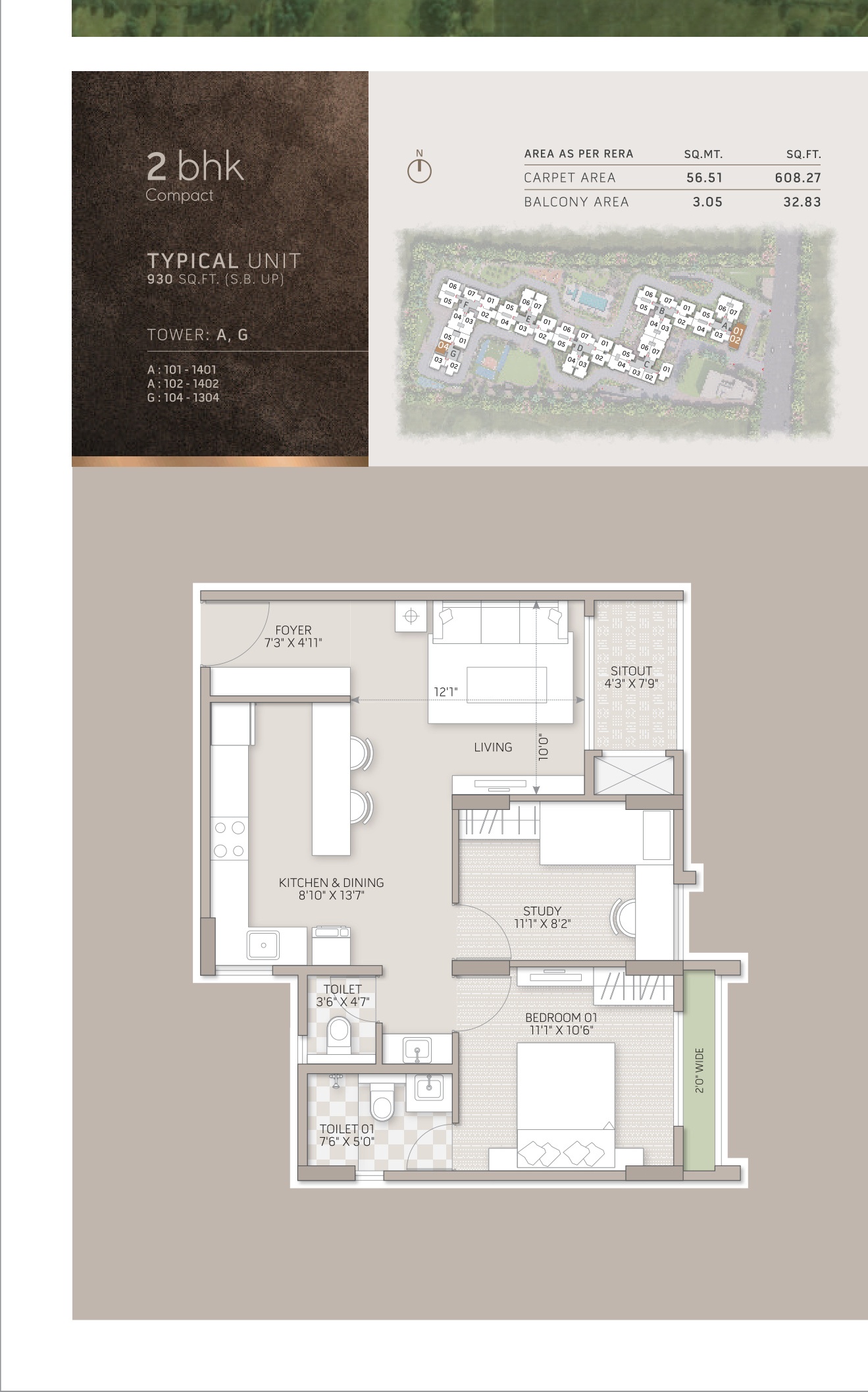 2 BHK Compact Residence - SBA: 930 Sq.Ft (Carpet: 608.27 Sq.Ft | Balcony: 32.93 Sq.Ft)